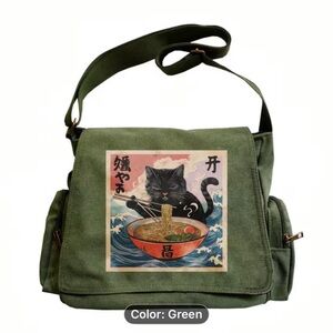 Vintage Japanese Black Cat Eating Ramen Messenger Bag Green w/Adjustable Strap